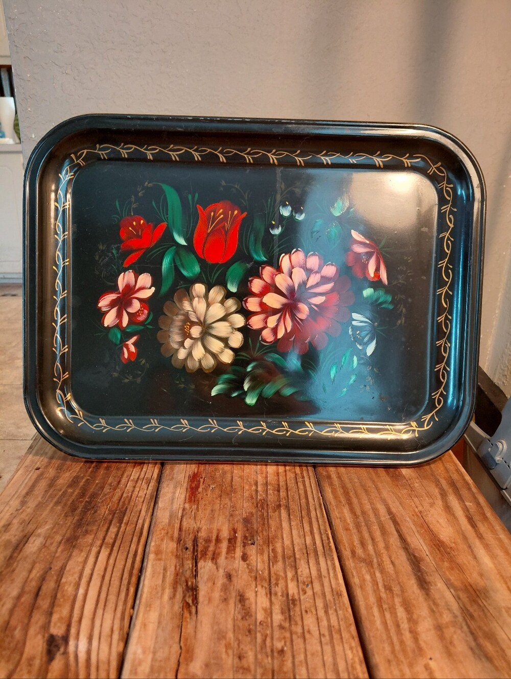 Vintage Floral Metal Serving Tray - Black with Red & Pink Flowers